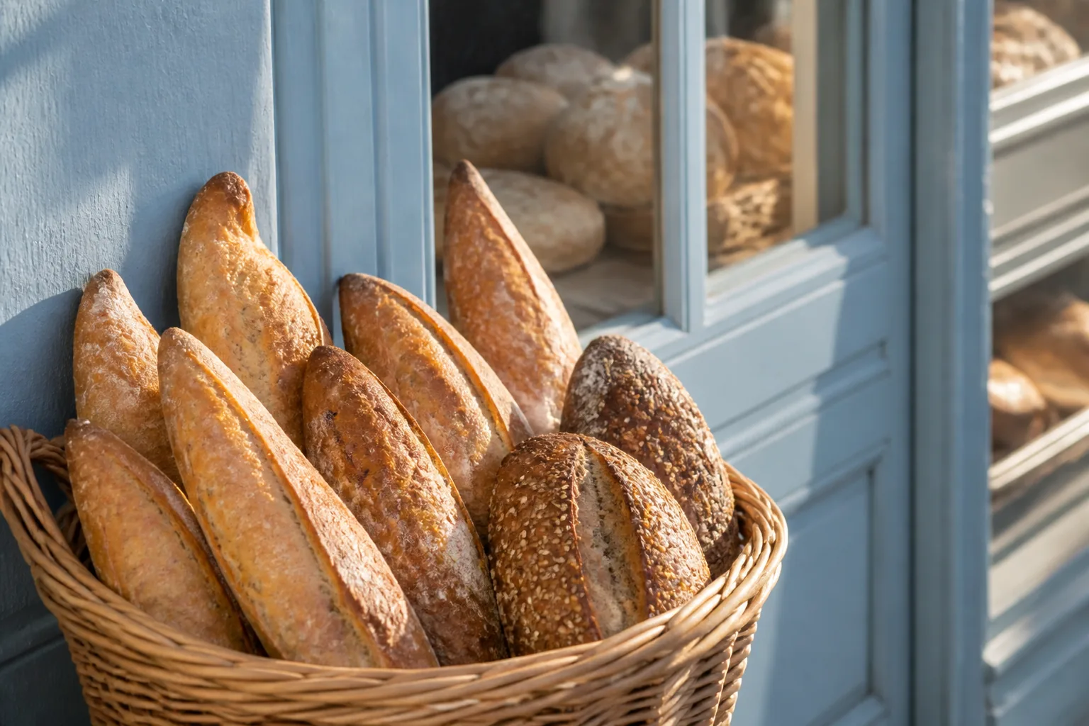 Baguettes lined up on a bakery rack