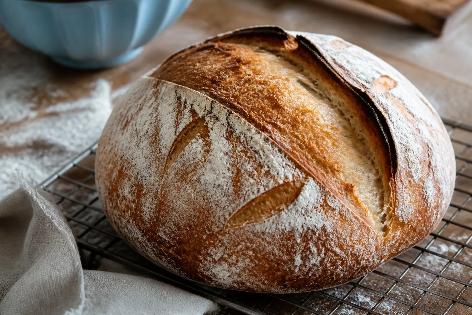 Crusty artisan sourdough loaf on a bakery table