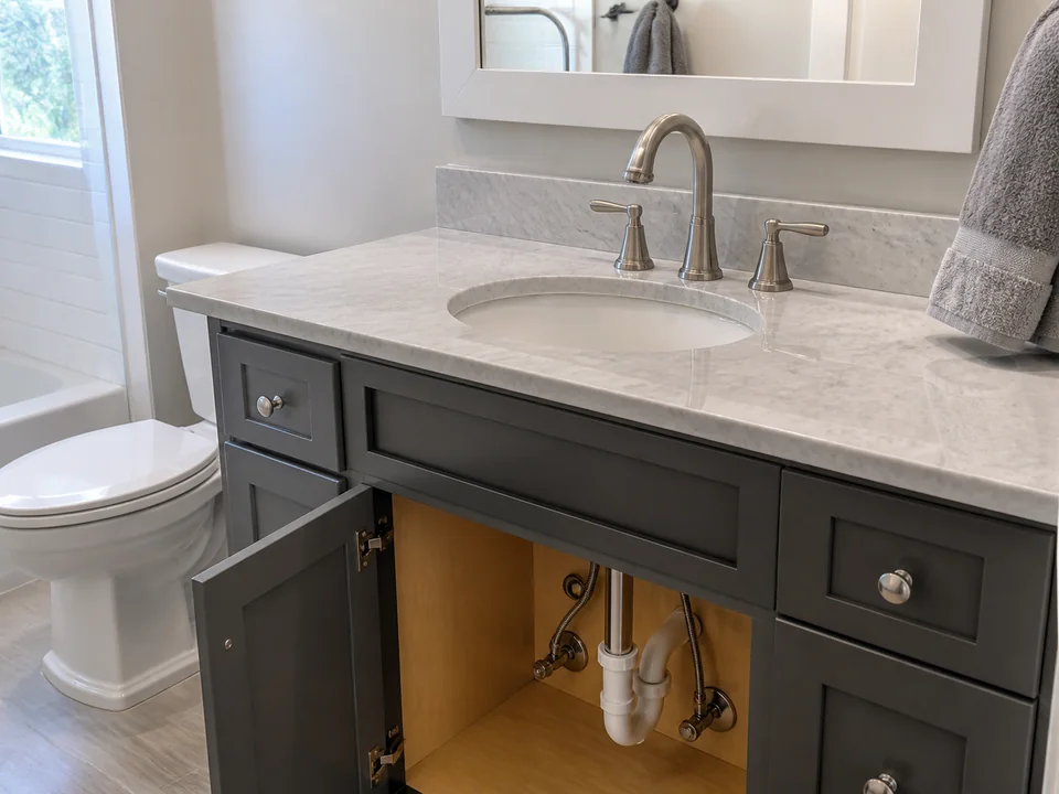 Finished bathroom faucet and vanity plumbing upgrade