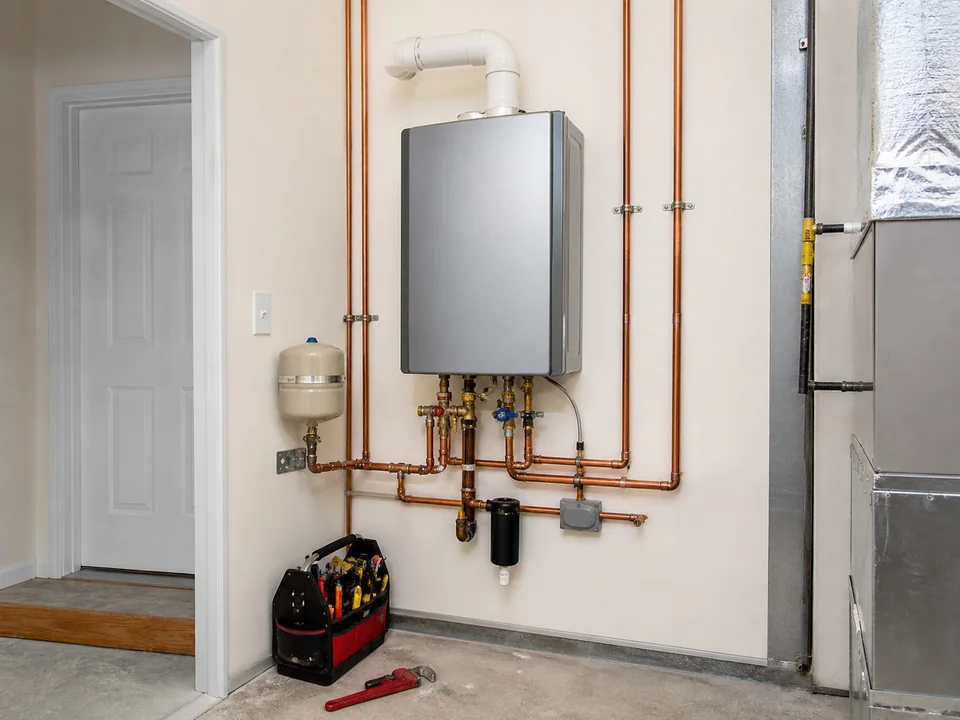 Completed tankless water heater installation with copper piping